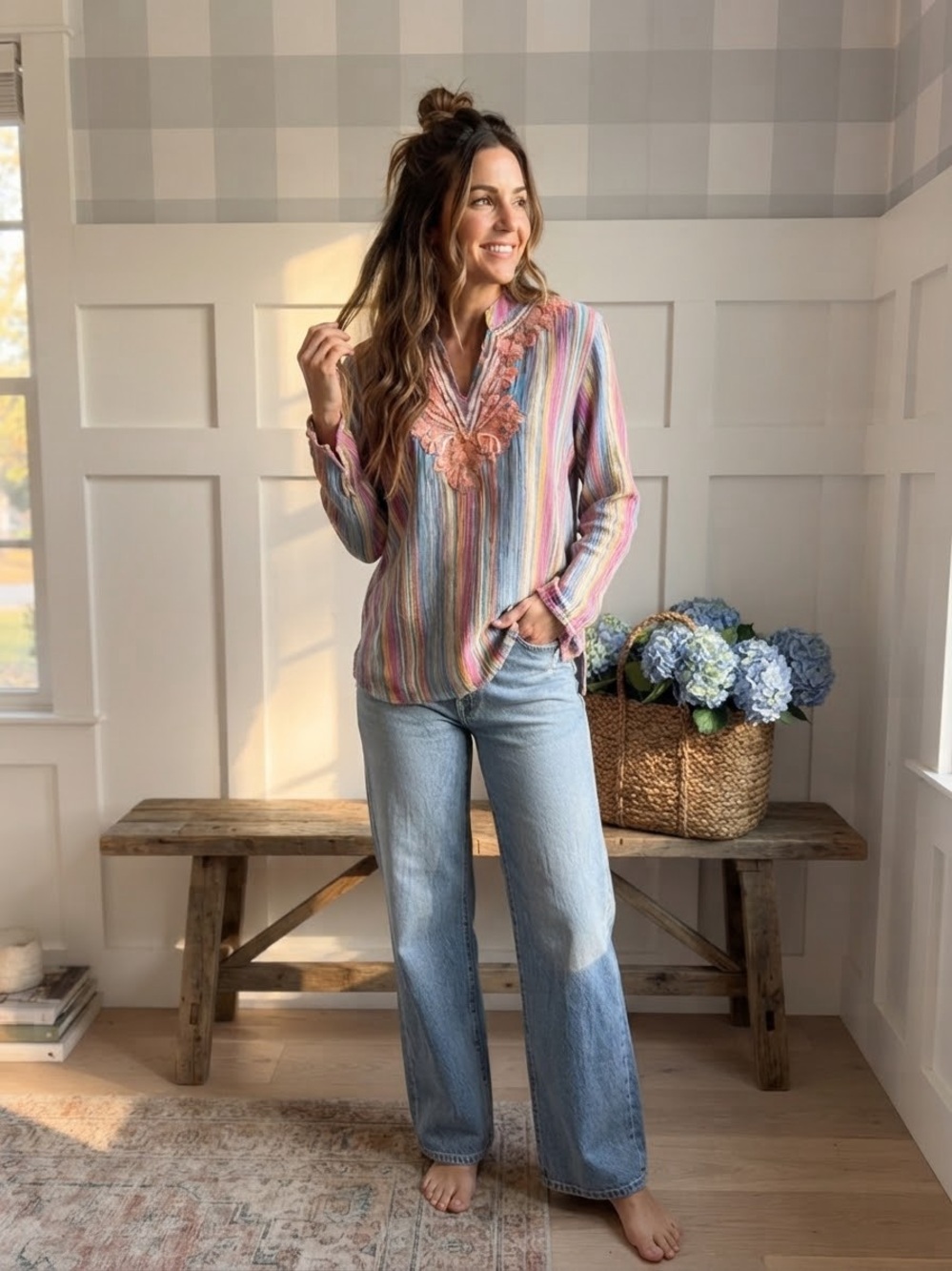 Soft Surroundings Pastel Multi-Stripe Embroidered V-Neck Tunic Medium P